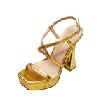 Chunky heel French gold square toe low-cut high heels