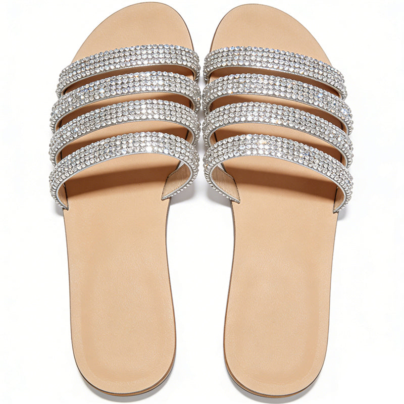 Multi Strap Rhinestone Woven Street Style Women's Slippers