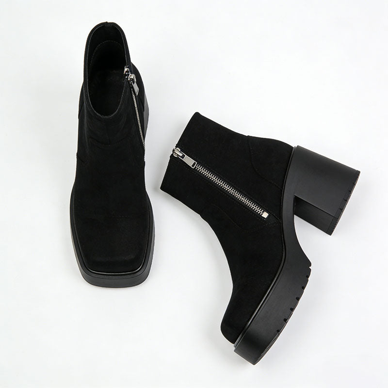 Sleek Zipper Chunky Heel Women's Low Boots
