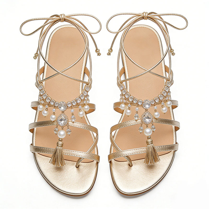 Women's Tassel Design Versatile Square Toe Flat Sandals