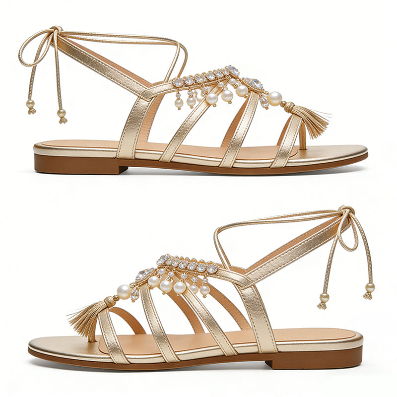 Women's Tassel Design Versatile Square Toe Flat Sandals