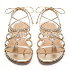 Women's Tassel Design Versatile Square Toe Flat Sandals