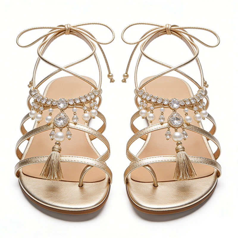 Women's Tassel Design Versatile Square Toe Flat Sandals