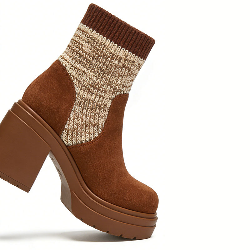 Retro Knit Patchwork Chunky Heel Women's Low Boots