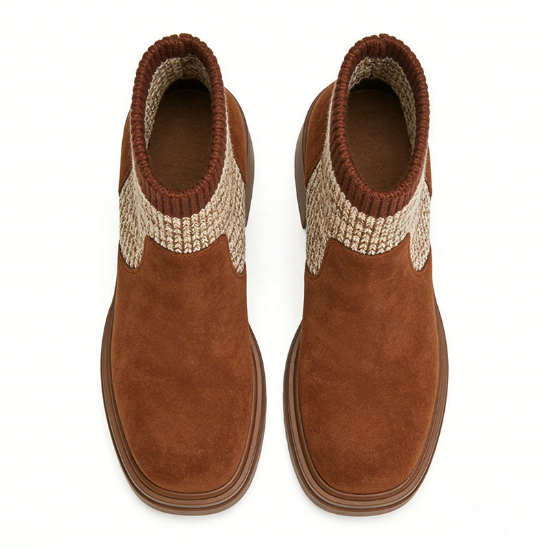 Retro Knit Patchwork Chunky Heel Women's Low Boots