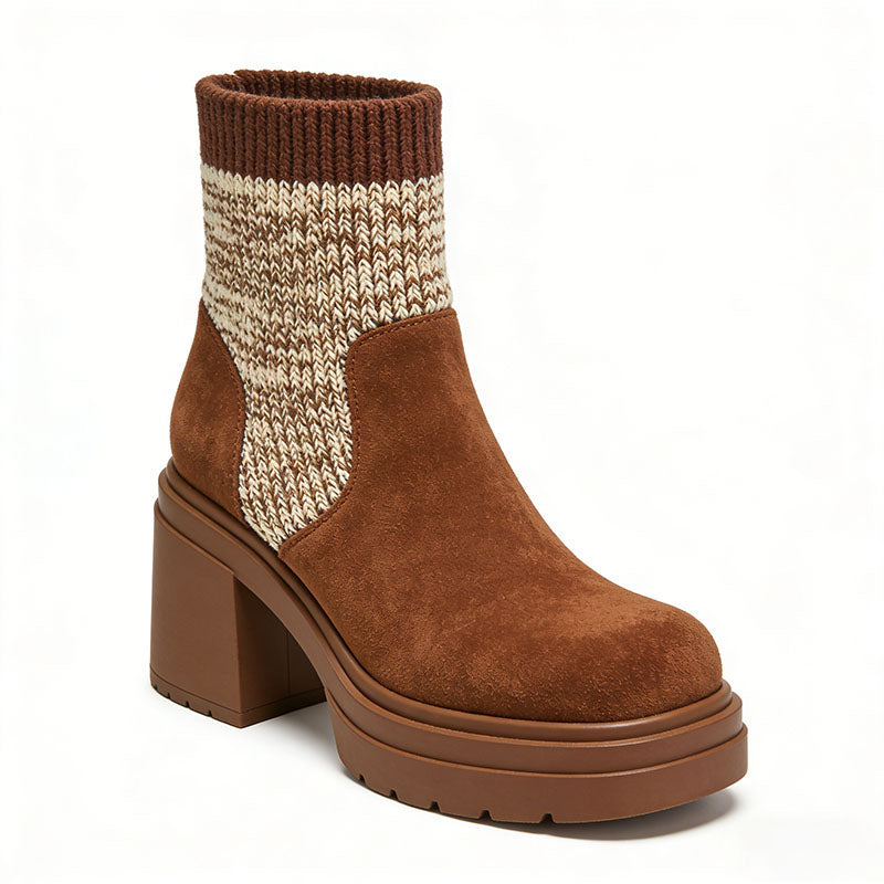 Retro Knit Patchwork Chunky Heel Women's Low Boots