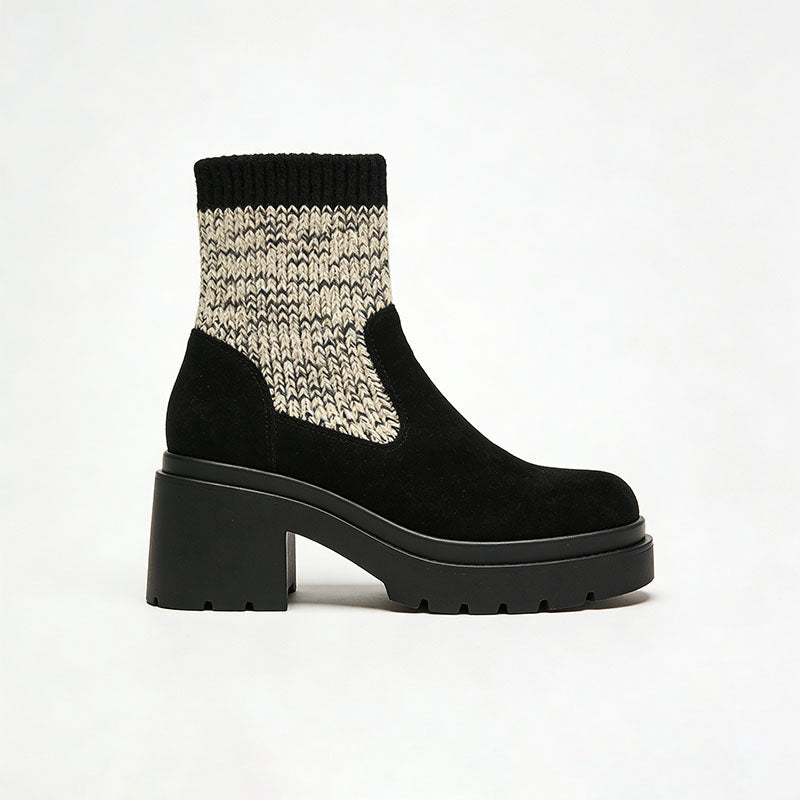 Exquisite Knit Patchwork Chunky Heel Women's Low Boots