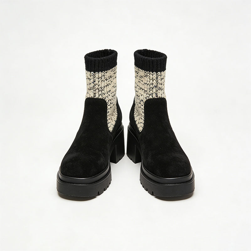 Exquisite Knit Patchwork Chunky Heel Women's Low Boots