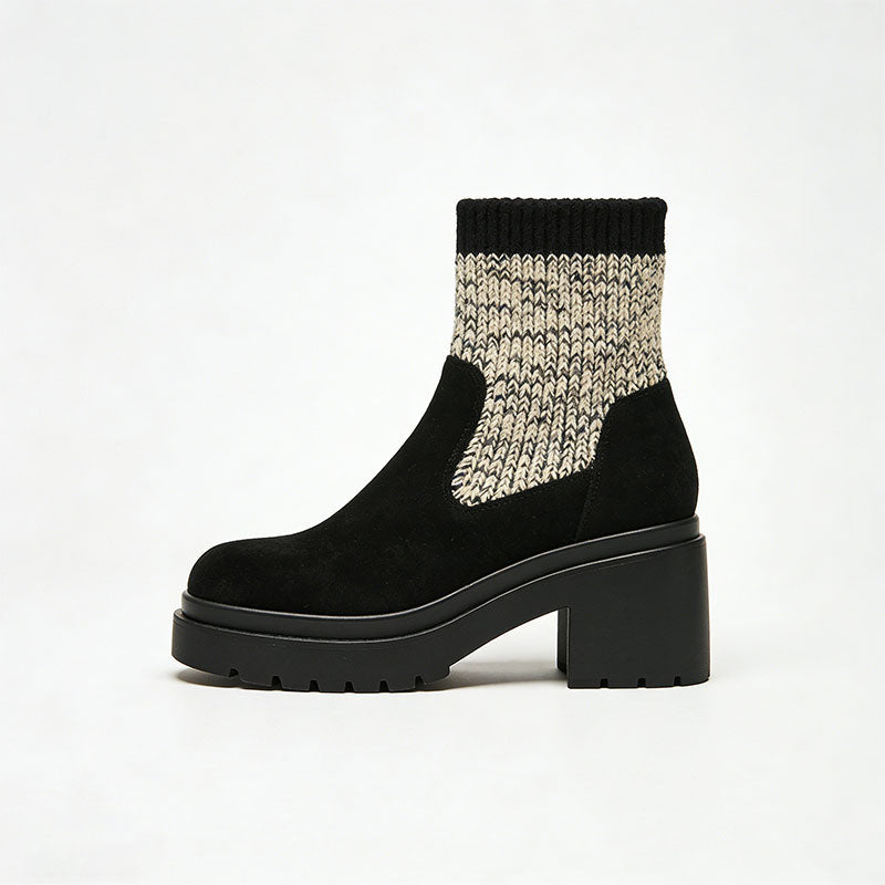 Exquisite Knit Patchwork Chunky Heel Women's Low Boots
