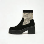 Exquisite Knit Patchwork Chunky Heel Women's Low Boots