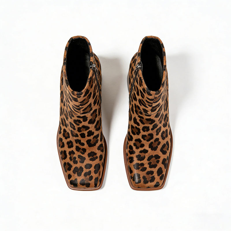 Leopard Print Chunky Heel Women's Low Boots