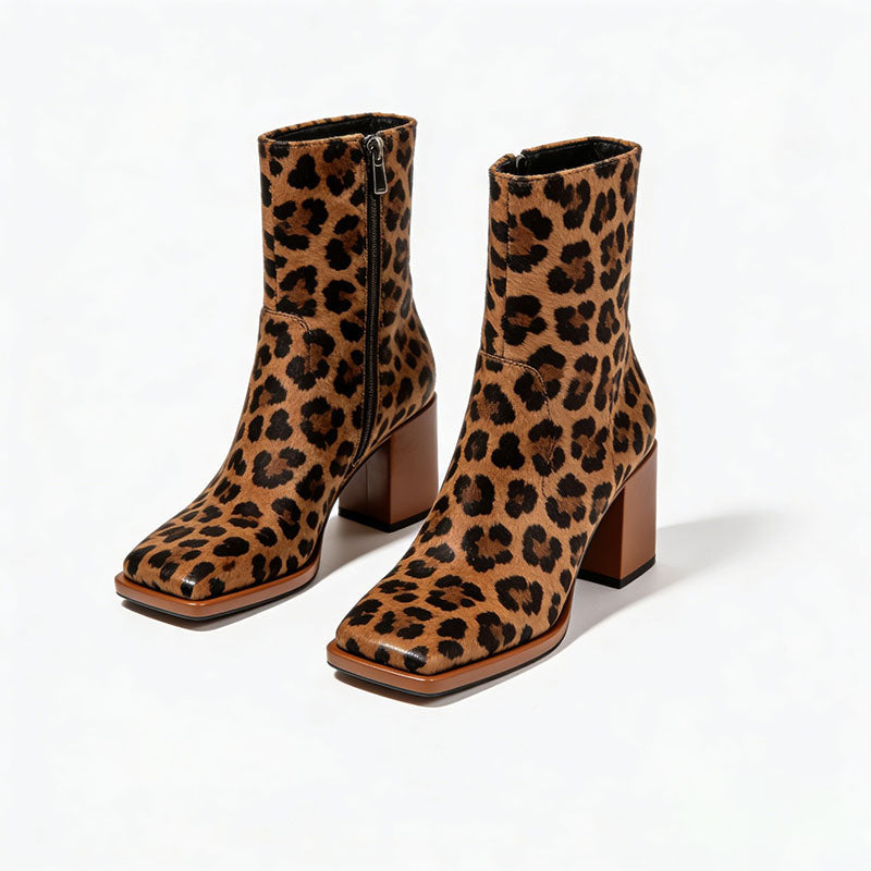 Leopard Print Chunky Heel Women's Low Boots
