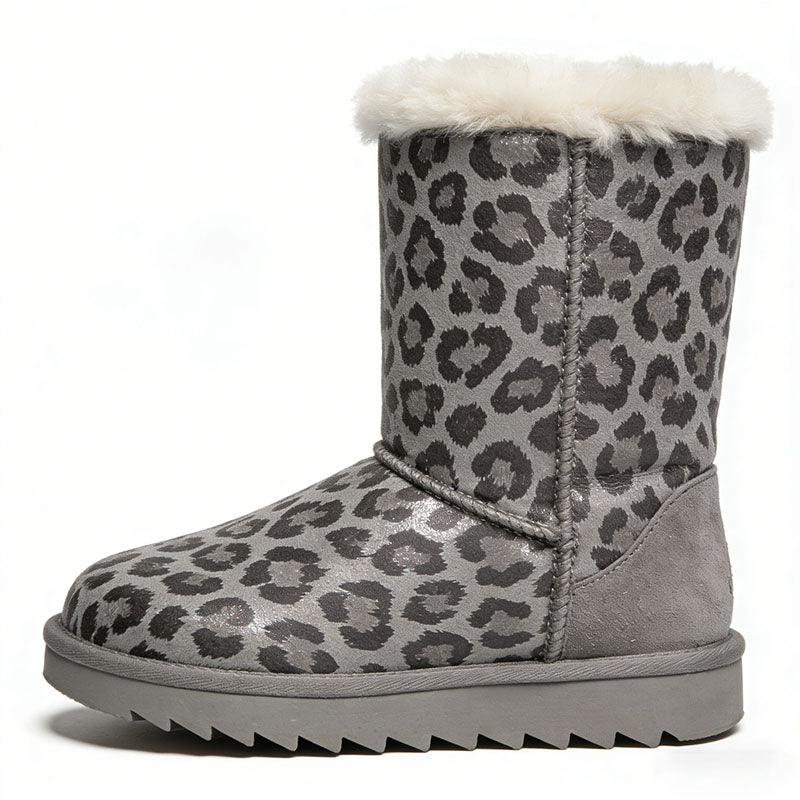 Leopard Print Plush Trim Women's Snow Boots