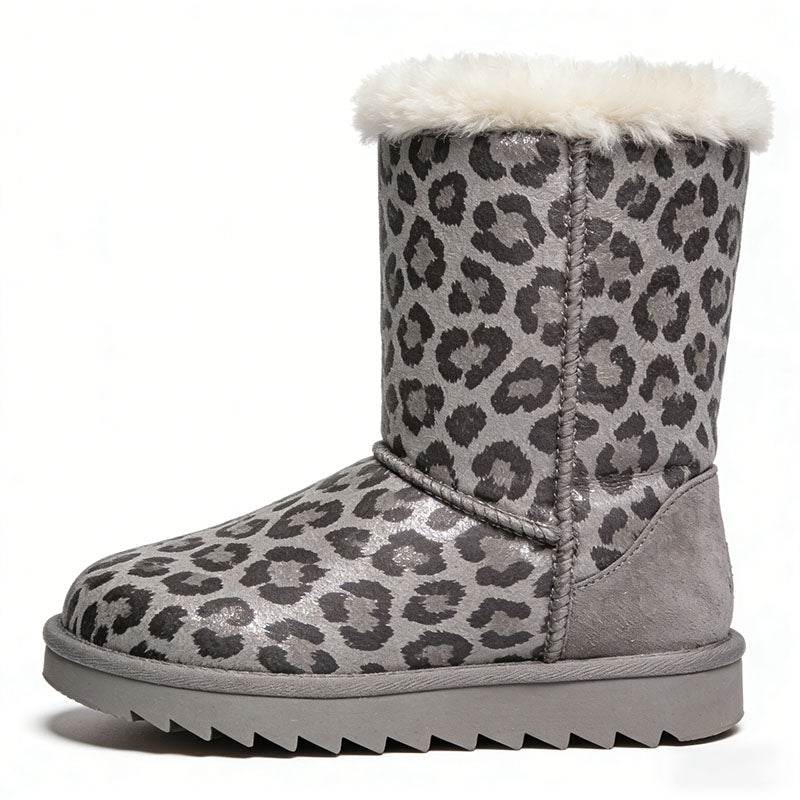 Leopard Print Plush Trim Women's Snow Boots